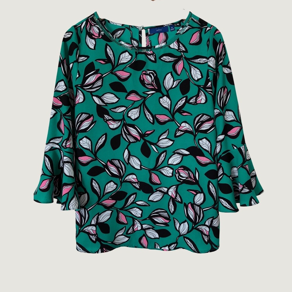 Apt. 9 Womens Green Floral Bell Sleeve Blouse Top Medium Keyhole Back
